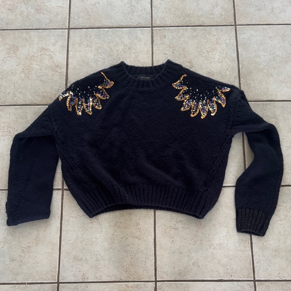Scotch & Soda Women’s Black Sequin Shoulder Embellished Sweater XL